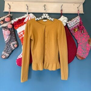 Garnet Hill 100% Cashmere Cardigan Ruffle Hem mustard Yellow Sz small